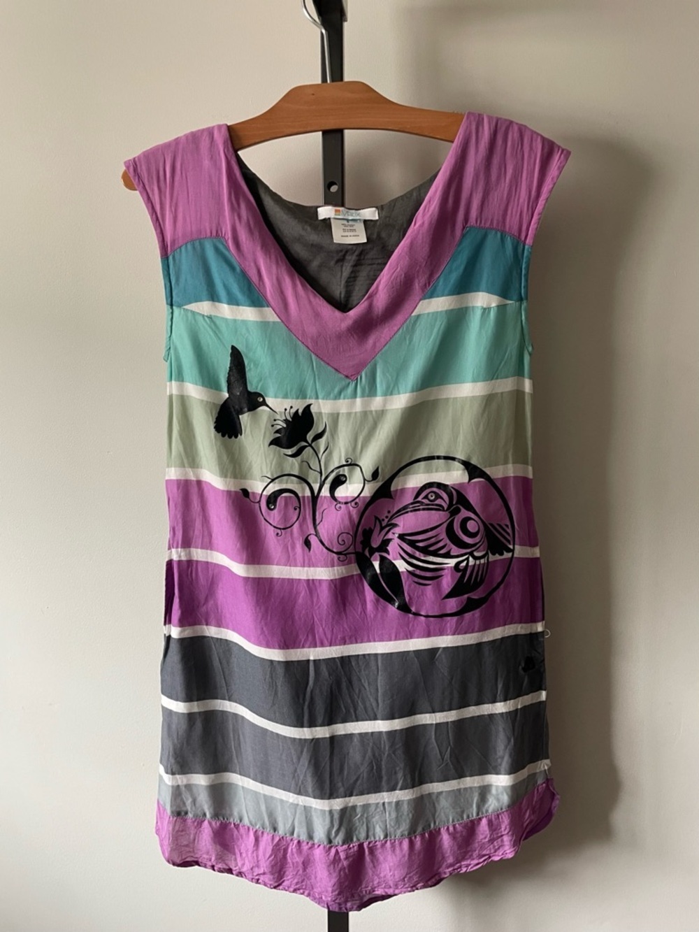 Y2K Vintage Cotton Silk Hummingbird Striped Mini Dress Skater Size Small
